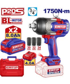 Llave Pistola de Impacto a Batería Inalámbrica 3/4″ 1750Nm Motor Brushless + 2 Baterías 8.0Ah Amper + Cargador 4A Amper + Maletín Plástico Emtop Rojo/Azul ECIWL20175-4 NOVEDAD!