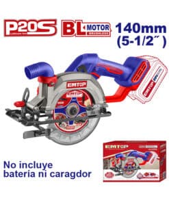 Sierra Circular a Batería Inalámbrica 140mm 20V Motor Brushless Emtop Rojo/Azul ELCS1402 NOVEDAD!