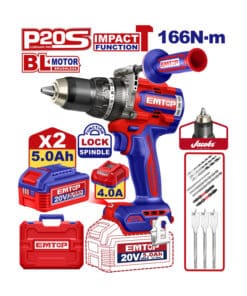 Taladro Atornillador Percutor a Batería Inalámbrica 166Nm 13mm 20V Motor Brushless + 2 Baterías 5.0Ah Amper + Cargador 4A Amper + Accesorios + Maletín Plástico Emtop Rojo/Azul ECIDL201668-4 NOVEDAD!