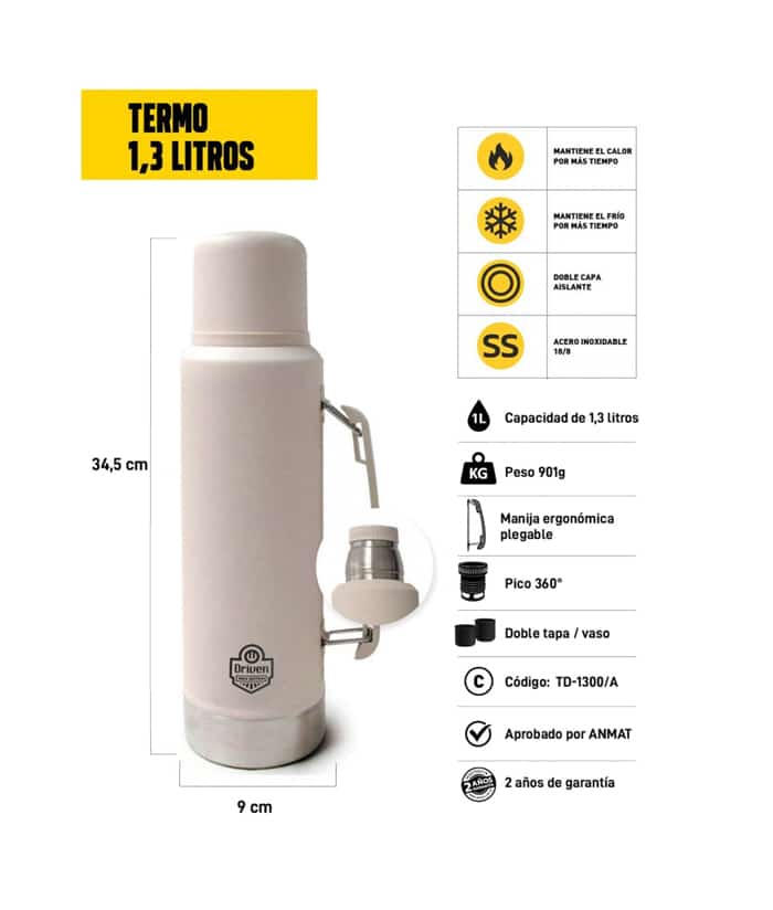 Termo Acero Inoxidable 1.3lts Pico Cebador 360º Con Manija Color Arena Driven TD-1300/A - Imagen 2