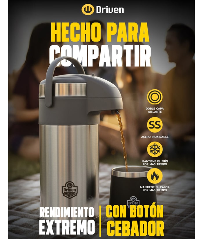 Botella Térmica Termo Travel Acero Inoxidable Botón Cebador Push Flow 4lts Color Plateado Driven TD-2850/AC - Imagen 2