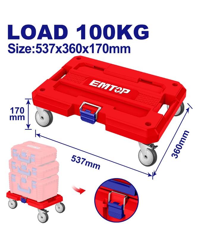 Carro Base Plataforma de Carga Rodante Encastrable Apilable Packout 537 x 360mm 100kg Para Caja Maletín Valija Encastrable Ingco Emtop Azul/Rojo EWWB61001 NOVEDAD!