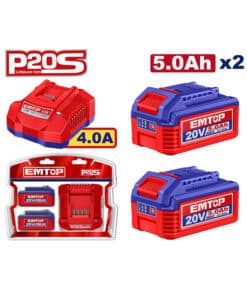 Juego Set Kit 2 Baterías de Litio 20V 5.0Ah Amper + Cargador 4A Amper Emtop Azul/Rojo EBPK2108 Compatible Con Total Ingco Dyllu y Wadfow P20S