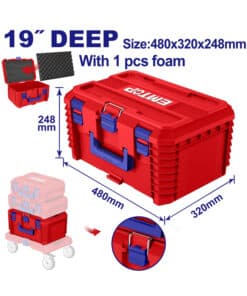 Caja Maletín Valija Plástica Alta Apilable Encastrable Porta Herramientas 19″ 480 x 320mm Emtop Azul/Rojo EPBXS103