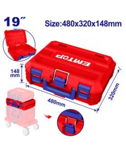 Caja Maletín Valija Plástica Apilable Encastrable Porta Herramientas 19″ 480 x 320mm Emtop Azul/Rojo EPBXS102 NOVEDAD!