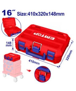Caja Maletín Valija Plástica Apilable Encastrable Porta Herramientas 16″ 410 x 320mm Emtop Azul/Rojo EPBXS101 NOVEDAD!