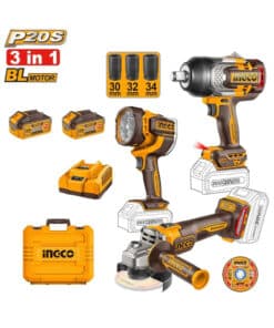 Combo 3 en 1 Llave Pistola de Impacto a Batería Inalámbrica 1/2" 1750m Motor Brushless + Amoladora Angular a Batería 115mm 1000W + Linterna Reflector Luz LED a Batería 2000lum Ingco Naranja/Amarillo COSLI250593-4 NOVEDAD!