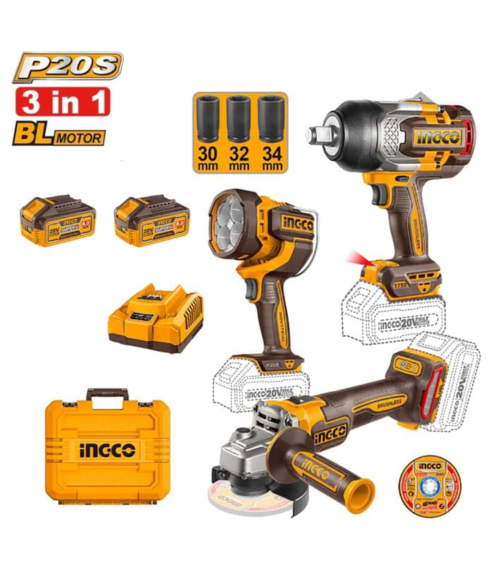 Combo 3 en 1 Llave Pistola de Impacto a Batería Inalámbrica 1/2" 1750m Motor Brushless + Amoladora Angular a Batería 115mm 1000W + Linterna Reflector Luz LED a Batería 2000lum Ingco Naranja/Amarillo COSLI250593-4 NOVEDAD!