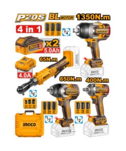 Combo 4 en 1 Llaves Pistolas de Impacto + Llave Crique A Batería Inalámbricas 20V Encastre 3/4" 1350Nm CIWLI201351 + CDRLI2060151 3/8" 65Nm + 1/2" 400Nm CIWLI20401 + 1/2″ 850Nm CIWLI20851 + 2 Baterías 5.0Ah Amper + Cargador Rápido 4.0Ah Amper + Tubos + Maletín Plástico Ingco Naranja/Amarillo COSLI250783-4 Juego Set Kit Motor Brushless Sin Carbones NOVEDAD!