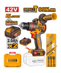 Combo Taladro Atornillador Percutor a Batería Inalámbrico 42V 13mm 99Nm Motor Brushless + 2 Baterías 2.0Ah Amper + Cargador + Accesorios + Maletín Plástico Ingco Naranja/Amarillo CIDLI429982-4