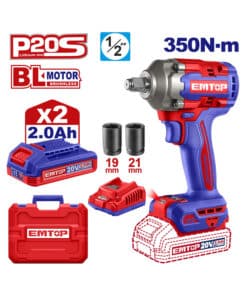 Combo Llave Pistola de Impacto a Batería Inalámbrica 1/2" 350Nm Motor Brushless + 2 Baterías 2.4Ah Amper + Cargador + Maletín Plástico Emtop Azul/Rojo ECIWL2035-4
