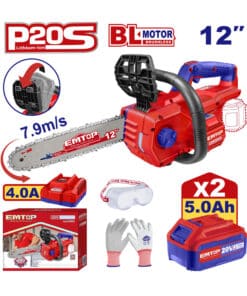Combo Mini Motosierra Electrosierra a Batería Inalámbrica 12" 20V Motor Brushless + 2 Baterías 5.0Ah Amper + Cargador 4A Amper + Guantes + Gafas de Seguridad Emtop Rojo/Azul ELGA201286-4