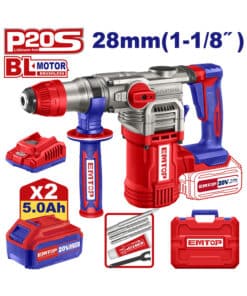 Combo Rotomartillo SDS Plus a Batería Inalámbrico 28mm 1-1/8″ 20V 4.5J Motor Brushless + 2 Baterías 5.0ah Amper + Cargador + Accesorios + Maletín Plástico Emtop Azul/Rojo ELRH202885-4