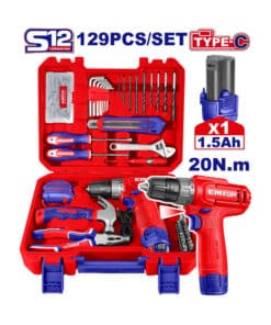 Combo 129pzs Taladro Atornillador a Batería Inalámbrico 12V 20Nm 10mm + Batería 1.5Ah Amper + Maletín Plástico + Herramientas y Accesorios Emtop Azul/Rojo EEDK12901