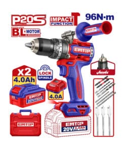 Combo Taladro Atornillador Percutor a Batería Inalámbrico 96Nm 13mm 20V Motor Brushless + 2 Baterías 4.0Ah Amper + Cargador 4.0A Amper + Maletín Plástico + Accesorios Emtop Rojo/Azul ECIDL209686-4