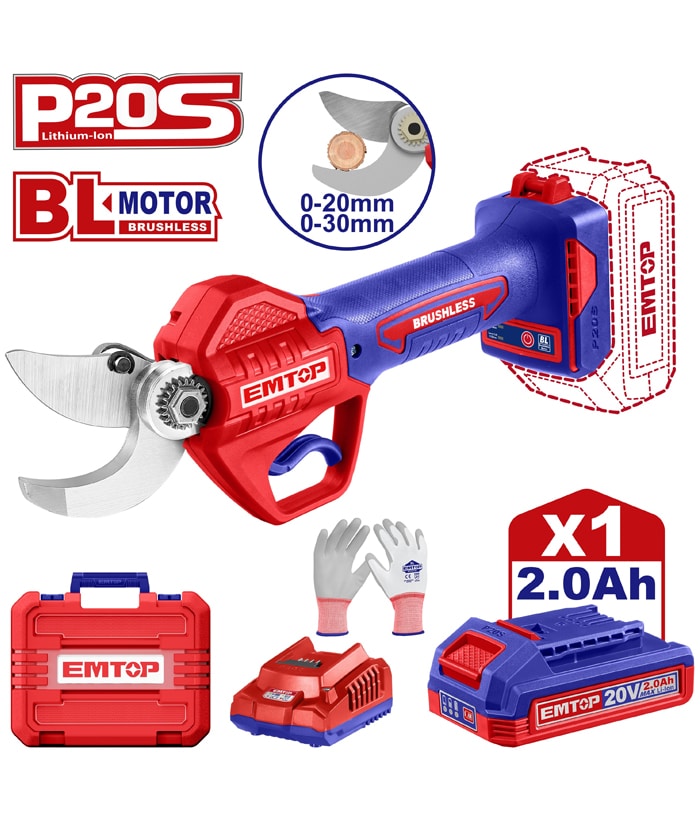 Combo Tijera de Podar Jardín Podadora a Batería Inalámbrica 20V Motor Brushless + Batería 2.0Ah Amper + Cargador + Guantes Emtop Azul/Rojo ELSL203051-4 (copia)