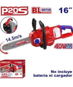 Motosierra Electrosierra a Batería Inalámbrica 16" 40V (20V+20) Motor Brushless Emtop Azul/Rojo ELGA40168