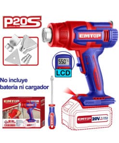 Pistola de Calor a Batería Inalámbrica 20V Display Digital Pantalla LCD Temperatura Ajustable 30-550ºC Industrial Emtop Azul/Rojo EHGN20031
