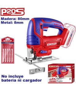 Sierra Caladora a Batería Inalámbrica 80mm 20V Motor Brushless Emtop Azul/Rojo ELGS208501
