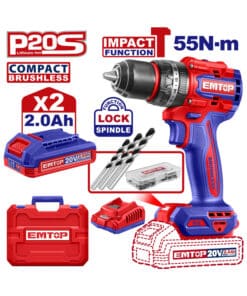 Juego Set Kit Taladro Atornillador Percutor a Batería Inalámbrico 55Nm 13mm 20V Motor Brushless + 2 Baterías de Litio 2.0Ah Amper + Cargador + Maletín Plástico Emtop Azul/Rojo ECIDL20558-4