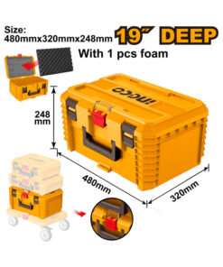 Caja Maletín Valija Plástica Alta Apilable Encastrable Porta Herramientas 19″ 480 x 320mm Ingco Naranja/Amarillo PBXS103