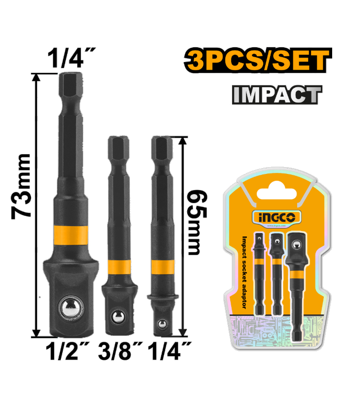 Juego Set Kit Adaptador de Impacto Hexagonal 1/4" a Cuadrado 1/4" 3/8" 1/2" Para Atornillado Ingco AMN365A01