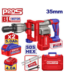 Martillo Demoledor a Batería Inalámbrico Encastre SDS Hexagonal 16J Motor Brushless + 2 Batería 5.0Ah Amper + Cargador 4.0A Amper + Maletín Plástico Emtop Rojo/Azul ELDB203582