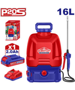 Mochila Fumigadora Pulverizadora a Batería Inalámbrica 16lts 5bar + Batería 2.0Ah Amper + Cargador Emtop Rojo/Azul ESPLI20162-4 