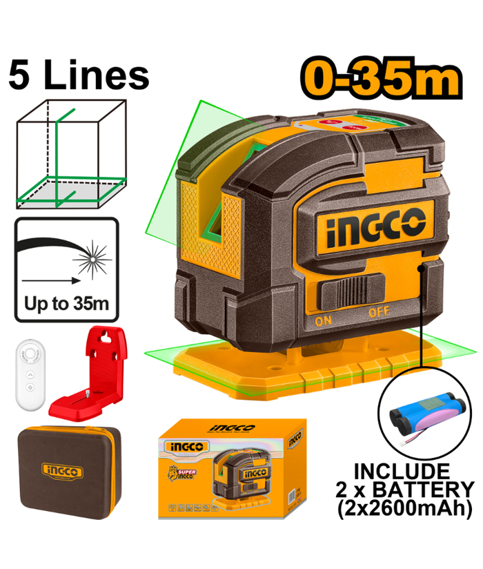 Nivel Láser Autonivelante 5 Líneas Recargable USB-C 360º Luz Verde 35mts + Bolso Ingco Naranja/Amarillo HLL306502