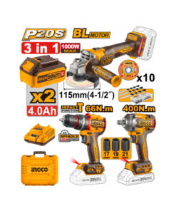 Combo 3 en 1 Amoladora Angular a Batería Inalámbrica 115mm 20V Motor Brushless + Taladro Atornillador Con Percutor 66Nm A Batería Inalámbrico 20V Motor Sin Carbones Brushless Ingco + Llave de Impacto 1/2" 400Nm + Baterías 4.0Ah Amper + Cargador + Discos + Maletín Ingco Naranja/Amarillo COSLI241291-4