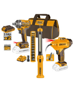 Combo Llave de Impacto a Batería Inalámbrica 1/2″ 400Nm Motor Brushless + Linterna Luz LED Recargable 3.5W + Tubos de Impacto + Inflador Compresor + Bolso Ingco Naranja/Amarillo COSLI23048-4 HTBG281628 CACLI2018