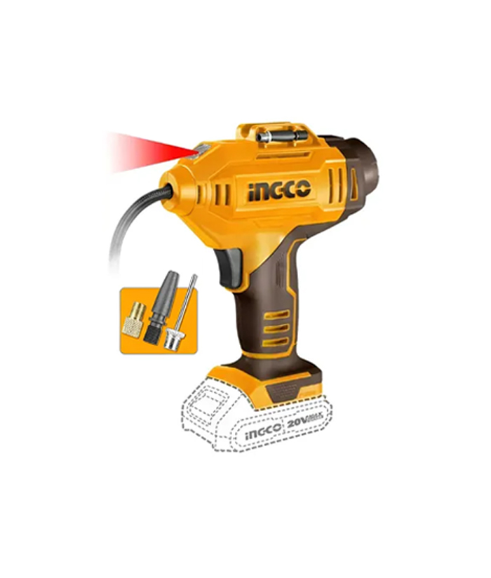 Combo Llave de Impacto a Batería Inalámbrica 1/2″ 400Nm Motor Brushless + Linterna Luz LED Recargable 3.5W + Tubos de Impacto + Inflador Compresor + Bolso Ingco Naranja/Amarillo COSLI23048-4 HTBG281628 CACLI2018 - Imagen 3