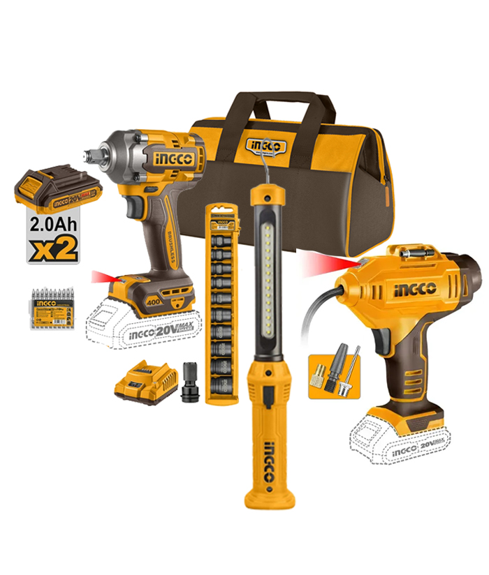 Combo Llave de Impacto a Batería Inalámbrica 1/2″ 400Nm Motor Brushless + Linterna Luz LED Recargable 3.5W + Tubos de Impacto + Inflador Compresor + Bolso Ingco Naranja/Amarillo COSLI23048-4 HTBG281628 CACLI2018