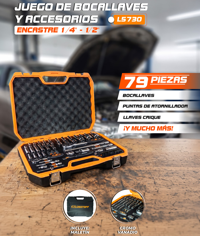 Juego Set Kit de Tubos Bocallaves 1/2" 1/4" + Accesorios x 79 piezas Lusqtoff Naranja/Negro L5730 - Imagen 3