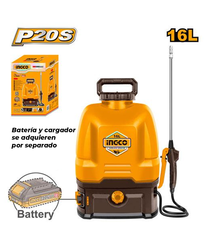 Mochila Fumigadora Pulverizadora a Batería Inalámbrica 16lts 5bar Ingco Naranja/Amarillo CSPLI2016