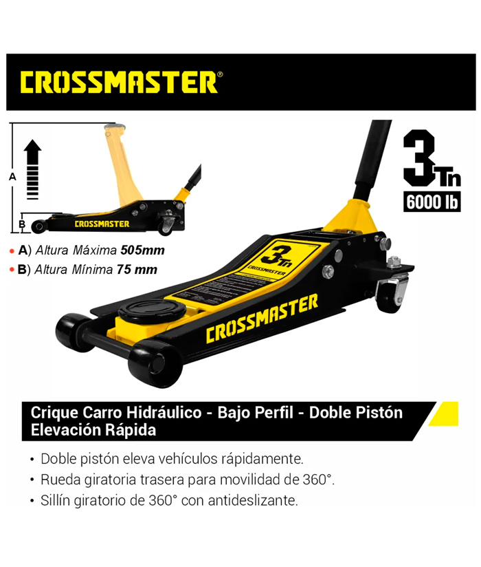Crique Gato Hidráulico Carro Carrito Perfil Bajo Doble Pistón 3 Toneladas Crossmaster Amarrilla/Negro 9936896 - Imagen 3