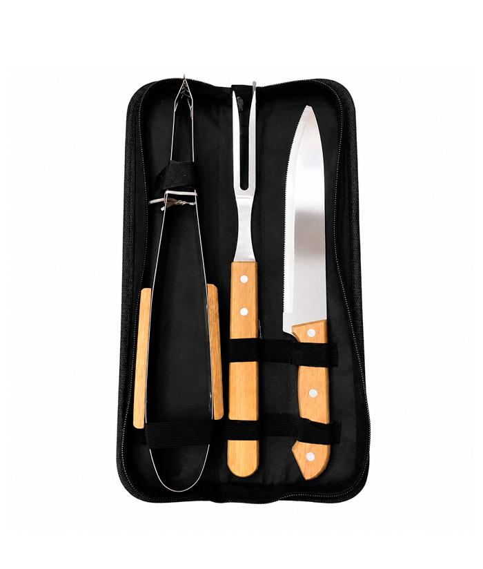Kit Parrillero Asador x3 Piezas Tenedor Cuchillo Pinza En Estuche Fema 69606792