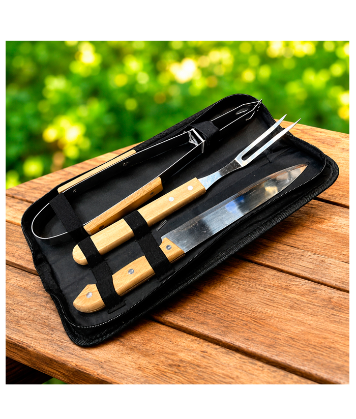 Kit Parrillero Asador x3 Piezas Tenedor Cuchillo Pinza En Estuche Fema 69606792 - Imagen 3