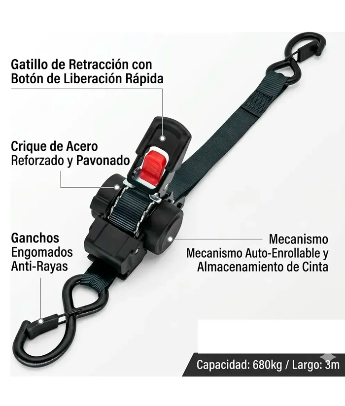 Cinta De Amarre Auto Retráctil Con Crique 3 x 25mm 700kgs Ruhlmann RU90101 - Imagen 2