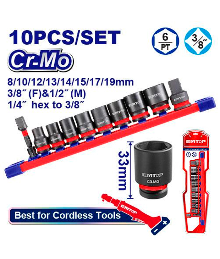 Juego Set Kit de Tubos de Impacto 3/8" x 10pzs Emtop EMSSD38104
