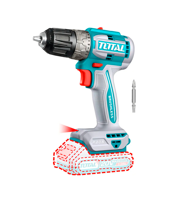 Taladro Atornillador 52Nm A Batería Inalámbrico 20V Motor Sin Carbones Brushless Total TDLI204531