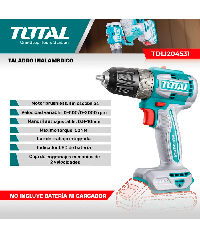 Taladro Atornillador 52Nm A Batería Inalámbrico 20V Motor Sin Carbones Brushless Total TDLI204531 - Imagen 2