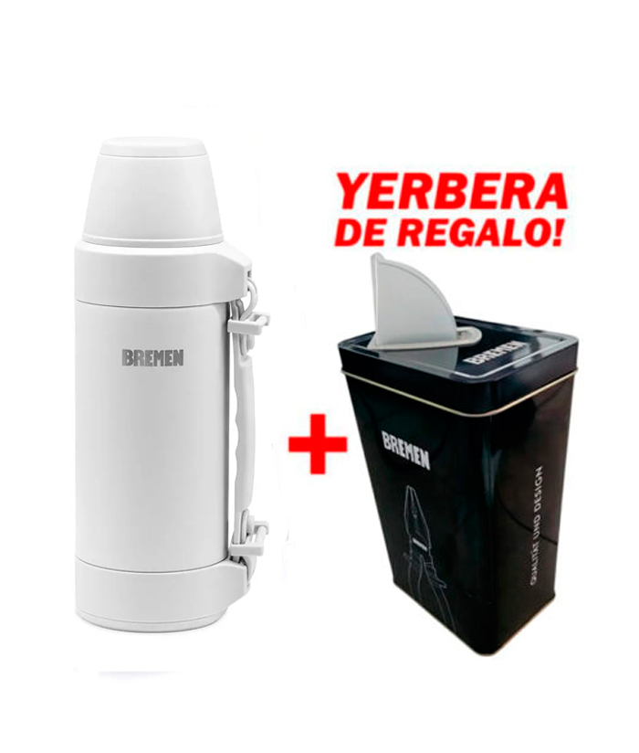 Termo 1.2lts Acero Inoxidable Gris/Blanco Bremen 8220 YERBERA DE REGALO!