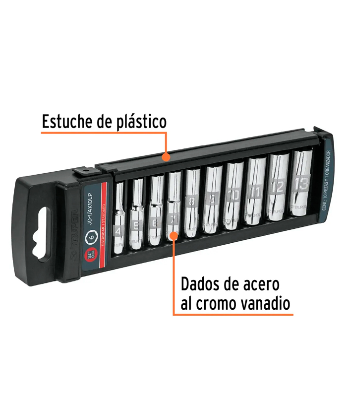 Juego Set Kit Tubos Bocallaves Dados Largos Serie Larga Hexagonal En Pulgada 1/4" a 11/16" Encastre 1/4" x 10 Unidades Truper 14167 - Imagen 2