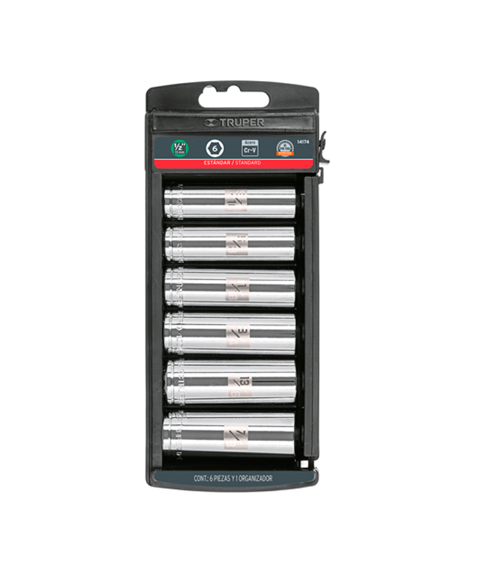 Juego Set Kit Tubos Bocallaves Dados Largos Serie Larga Hexagonal 9/16" a 7/8" Encastre 1/2" En Pulgadas x 6 Unidades Truper 14174