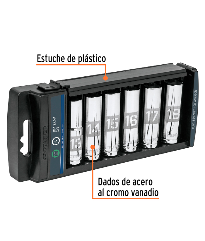 Juego Set Kit Tubos Bocallaves Dados Largos Serie Larga Hexagonal Encastre 1/2" 13-18mm Milimetricos En Milímetros Milimétrica x 6 Unidades Truper 14175 - Imagen 2