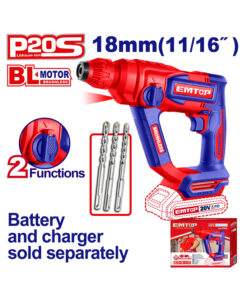 Rotomartillo A Batería Inalámbrico 20V 2 Funciones SDS-Plus 1,8 Joules Motor Brushless Emtop Rojo/Azul ELRH20188