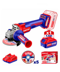 Amoladora Angular a Batería Inalámbrica 115mm 20V Motor Brushless + Batería 4.0Ah Amper + Cargador + Discos Emtop Rojo / Azul ELAG261521