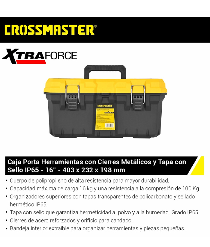 Caja de Herramientas 403 x 232 x 198 mm 16" Porta Plástica Con Cierres Metálicos Negra / Amarilla Crossmaster 9930981 - Imagen 5