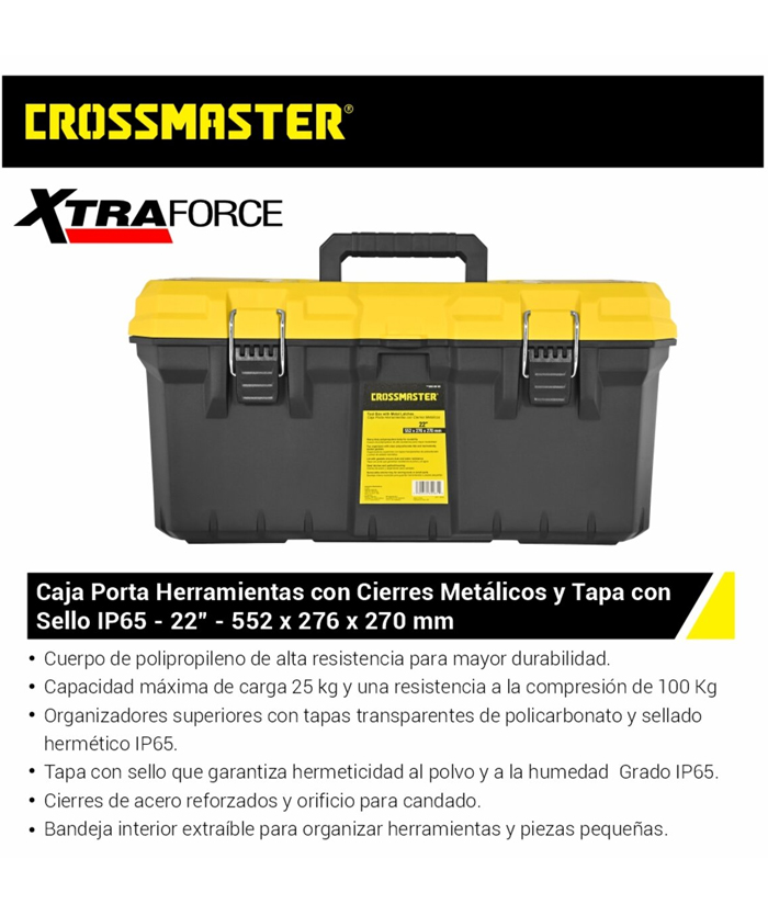 Caja de Herramientas 552 x 276 x 270 mm 22" Porta Plástica Con Cierres Metálicos Negra / Amarilla Crossmaster 9930985 - Imagen 5